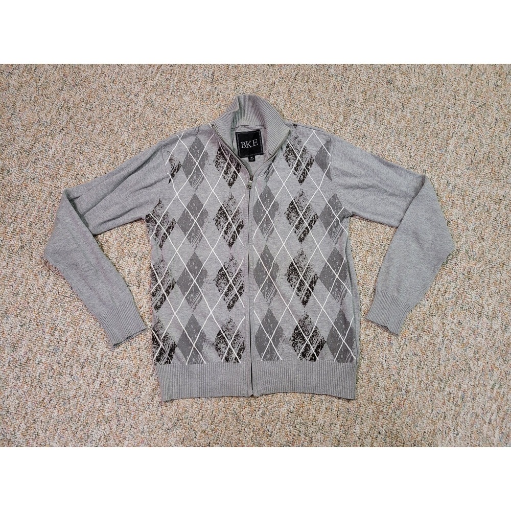 BKE Full Zip Sweater Mens Medium Gray Argyle Cotton Mock Neck Cardigan Knit